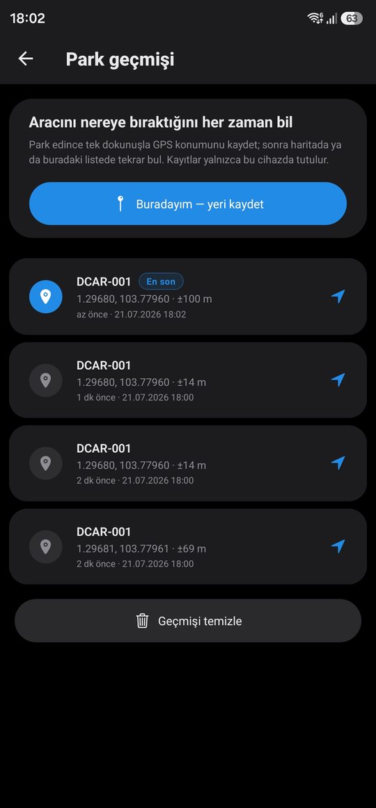 uaCloud app, parking history: saved GPS pins with accuracy and time.