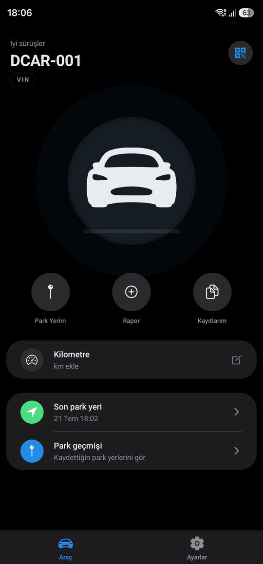 uaCloud app, vehicle screen: save a parking pin, file a report, log the odometer.